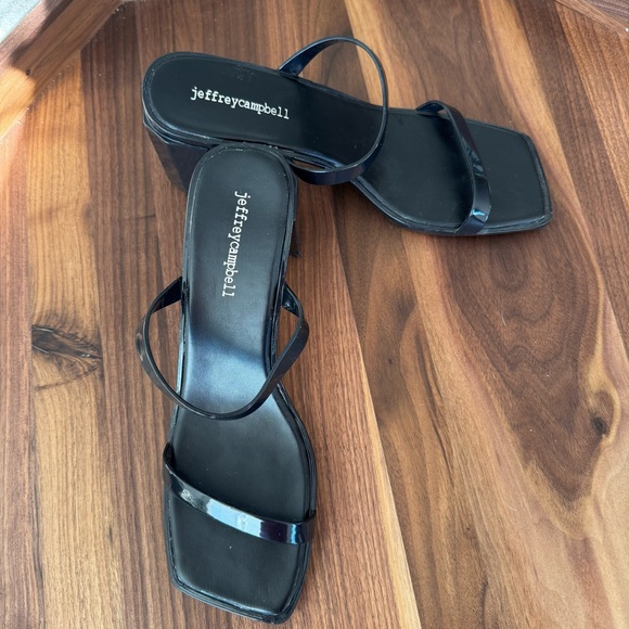 Jeffrey Campbell Black Patent Square Toe Block Heel Sandals Size 8 - Picture 2 of 4
